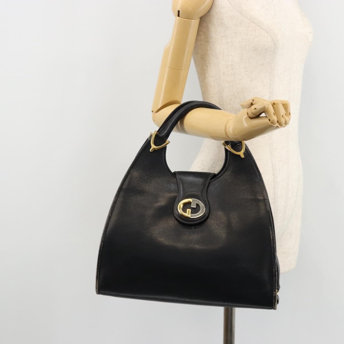 Gucci GUCCI Hand Bag Leather Navy Gold Authentic 177664