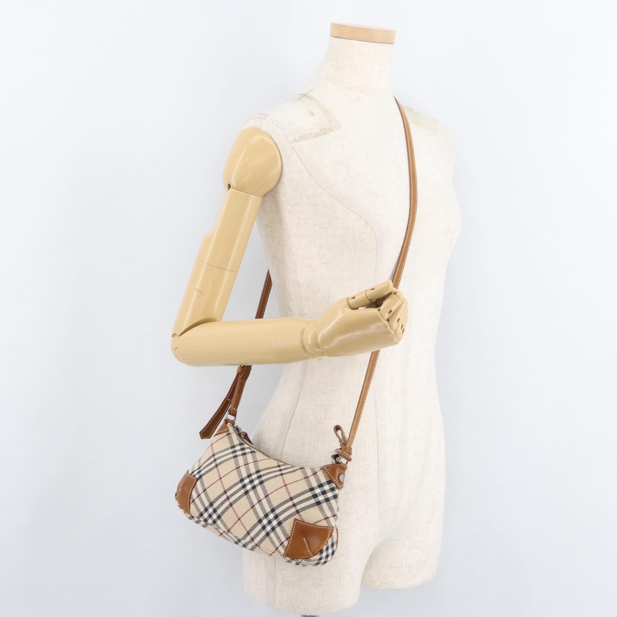 Burberry BURBERRY Nova Check Blue Label Shoulder Bag Canvas Beige Silver Authentic 179380A