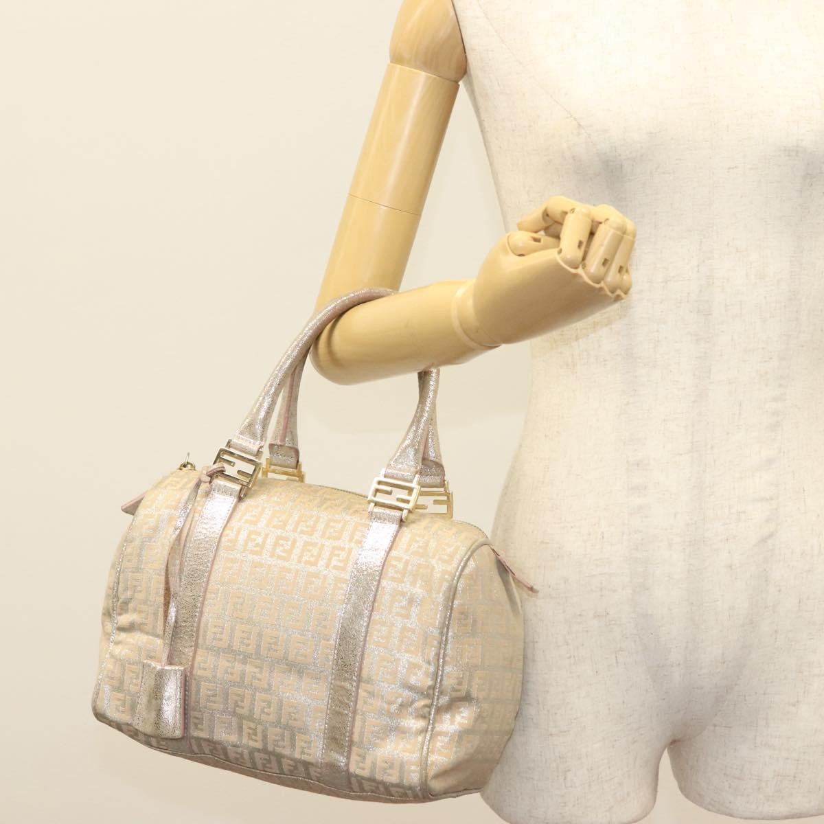 Fendi FENDI Zucchino Canvas Hand Bag Silver Gold Authentic 139411