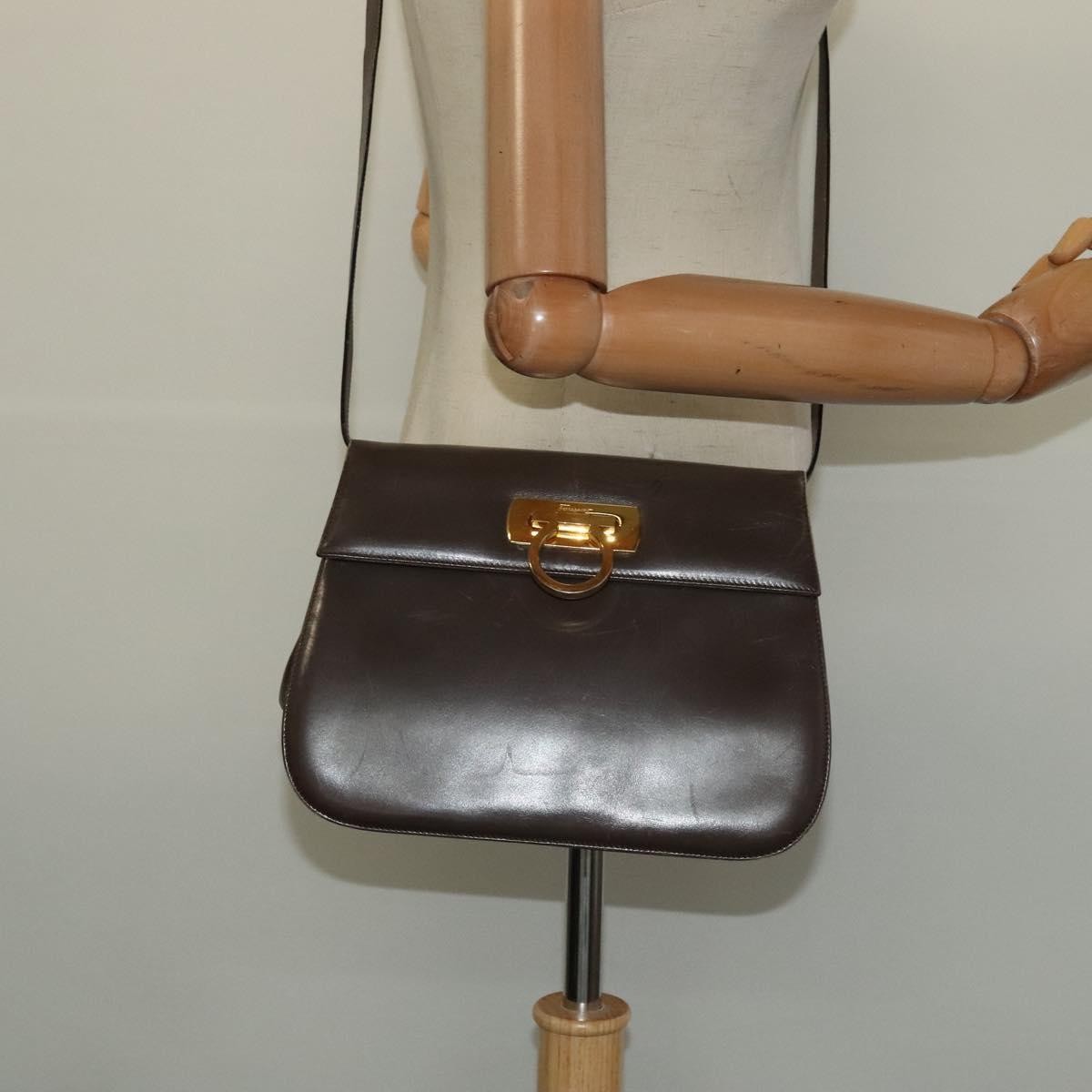 Salvatore Ferragamo Salvatore Ferragamo Gancini Shoulder Bag Leather Brown Gold Authentic 128109
