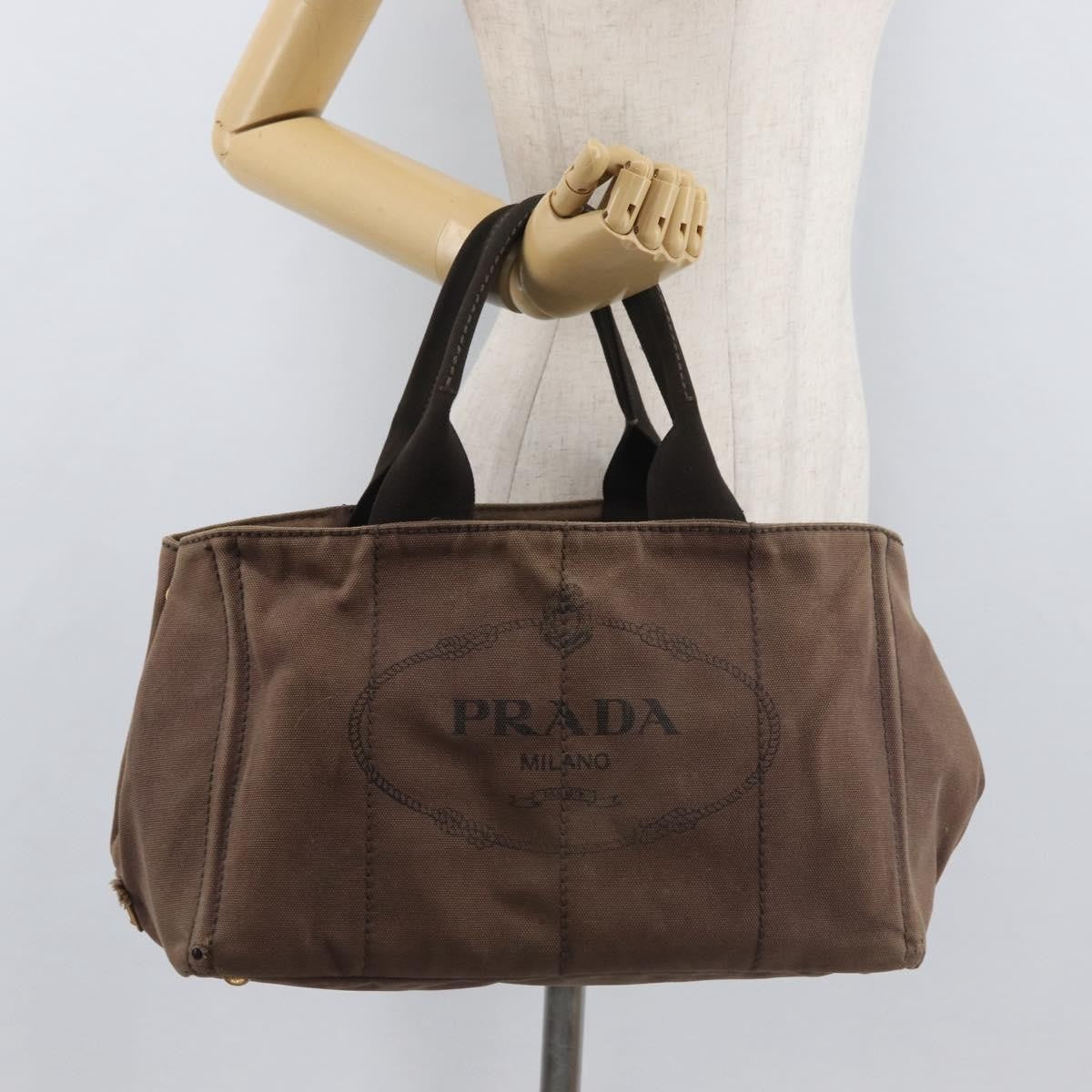 Prada PRADA Canapa MM Hand Bag Canvas Brown Gold Authentic 176198