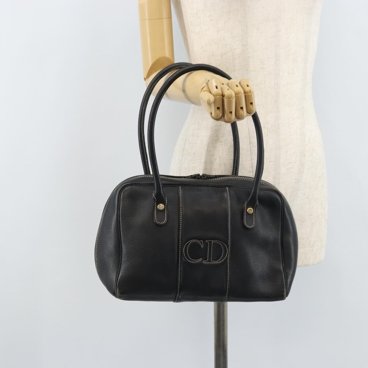 Dior Christian Dior Hand Bag Leather Black Gold Authentic ep13686