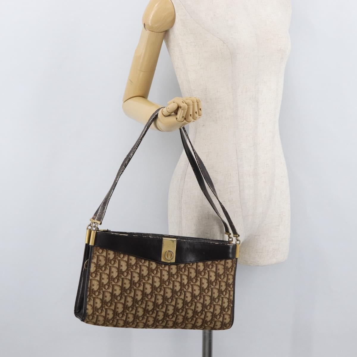 Dior Christian Dior Trotter Canvas Shoulder Bag Brown Gold Authentic 178153