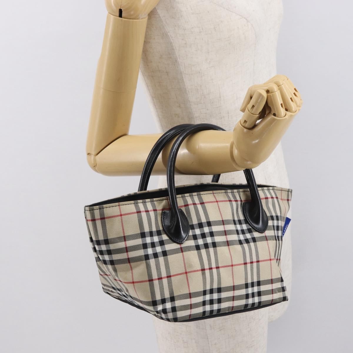 Burberry BURBERRY Nova Check Blue Label Hand Bag Nylon Beige Silver Authentic 169408
