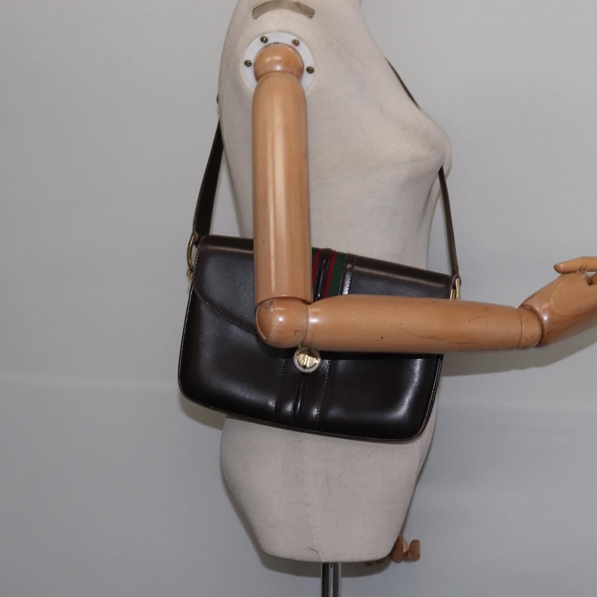 Gucci GUCCI Web Sherry Line Shoulder Bag Leather Dark Brown Gold Red Authentic ep11429