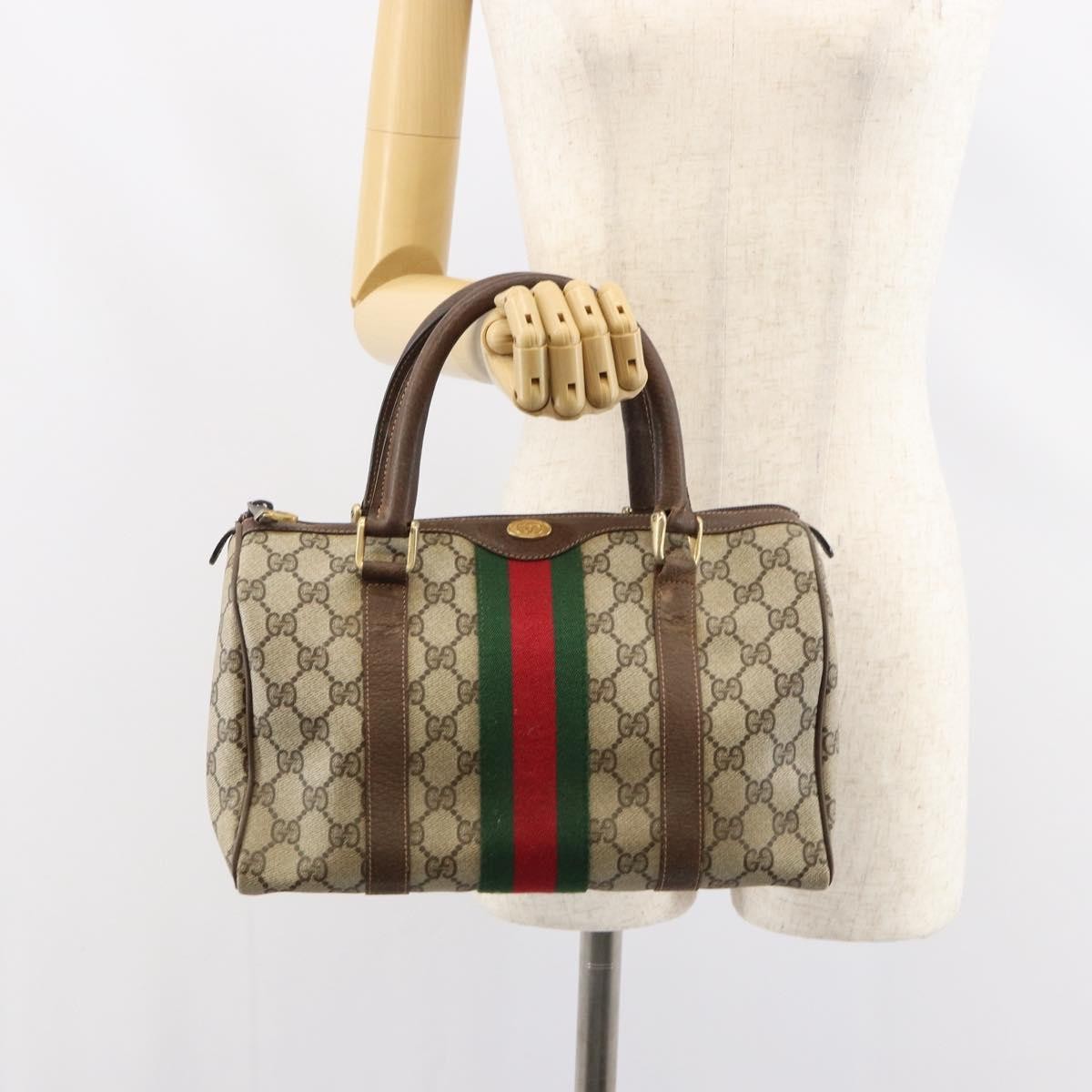 Gucci GUCCI GG Supreme Web Sherry Line Boston Bag PVC Beige Gold 010 378 Authentic 159328