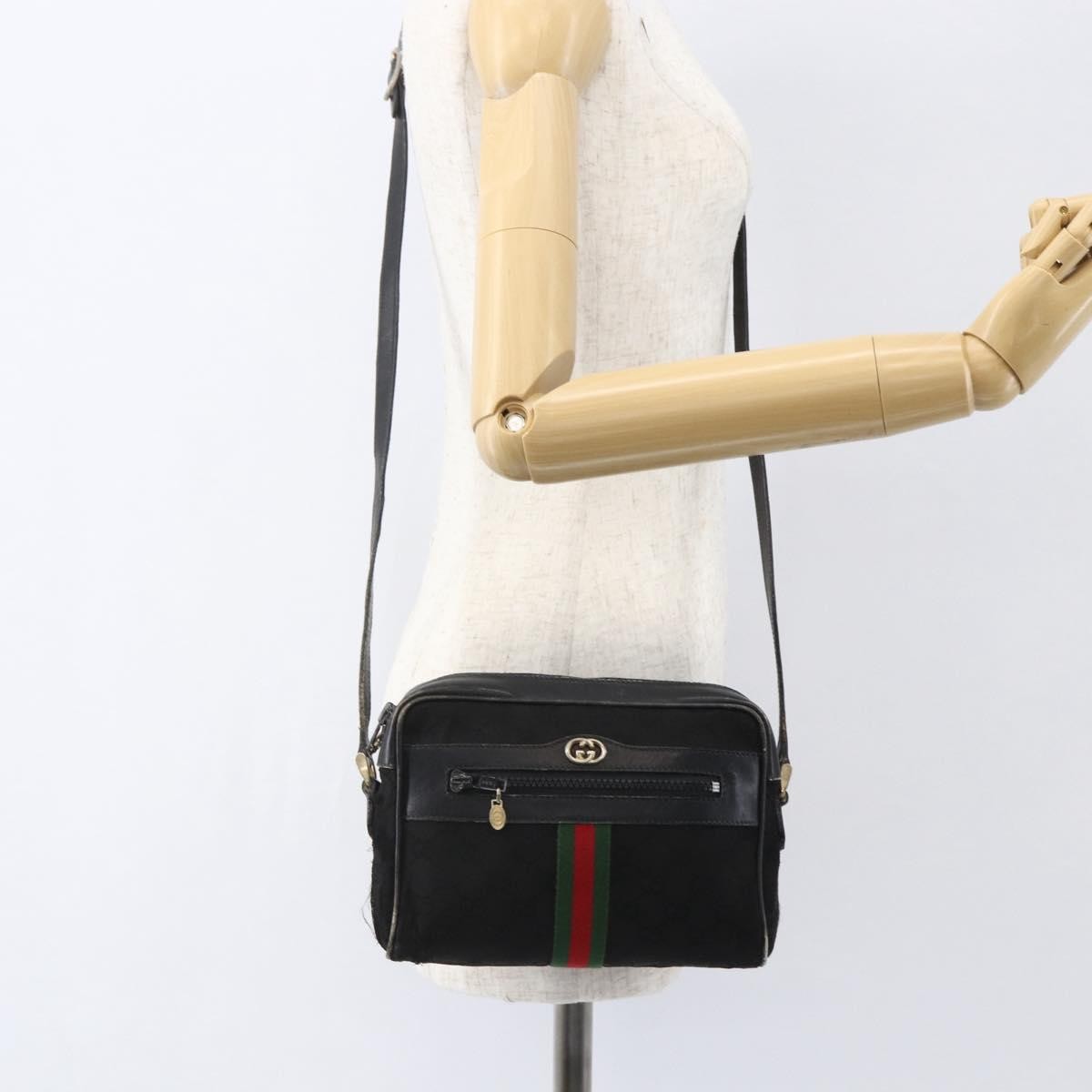 Gucci GUCCI GG Canvas Web Sherry Line Shoulder Bag Black Gold Authentic 158418