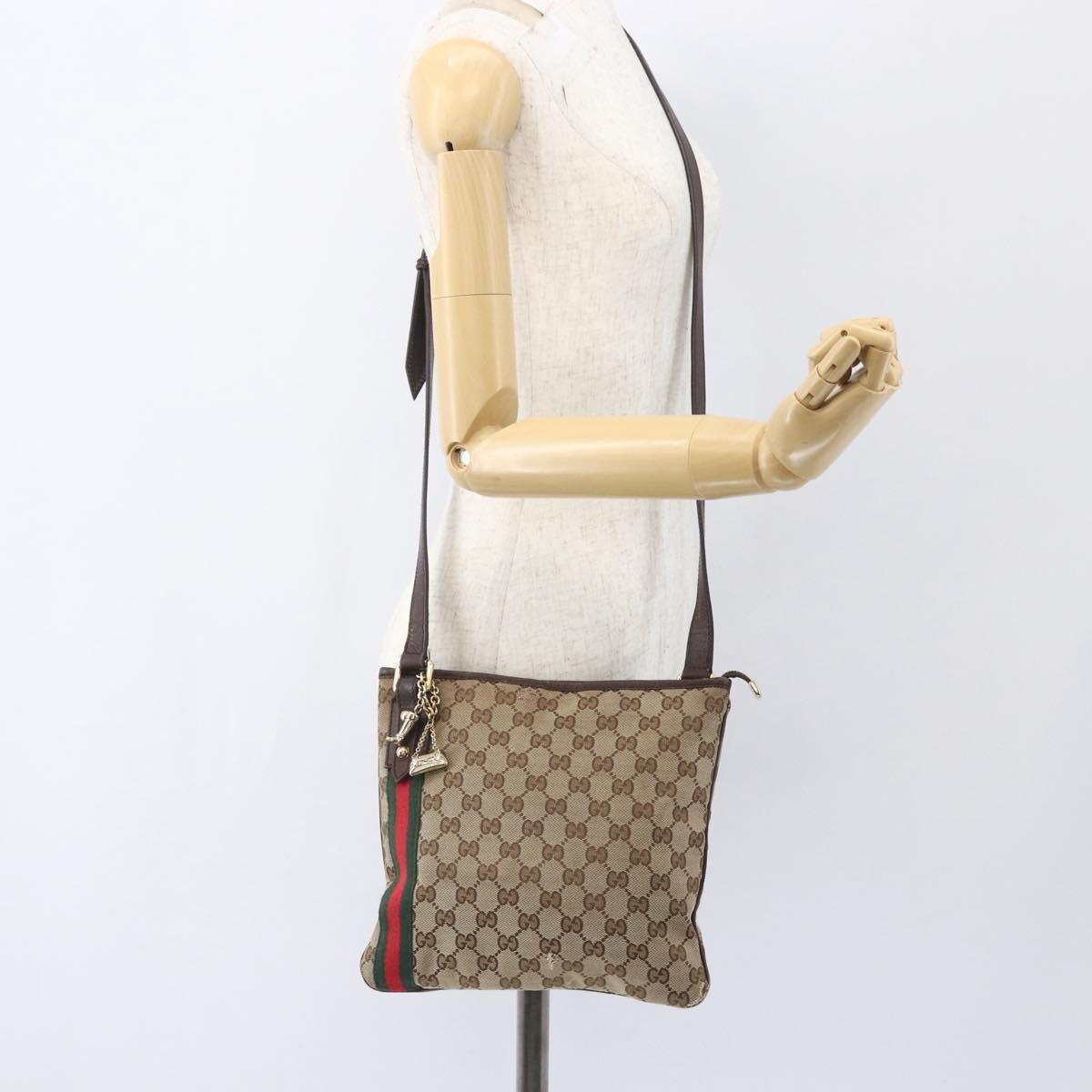 Gucci GUCCI GG Canvas Web Sherry Line Shoulder Bag Beige Gold 144388 Authentic hk3291