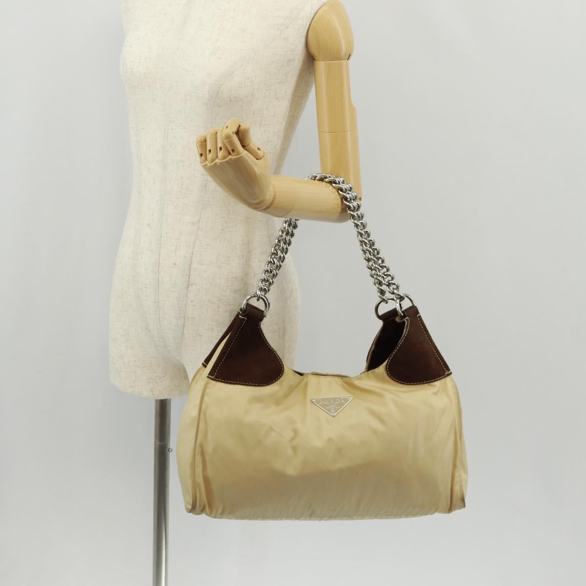 Prada PRADA Chain Shoulder Bag Nylon Beige Silver Authentic 160872
