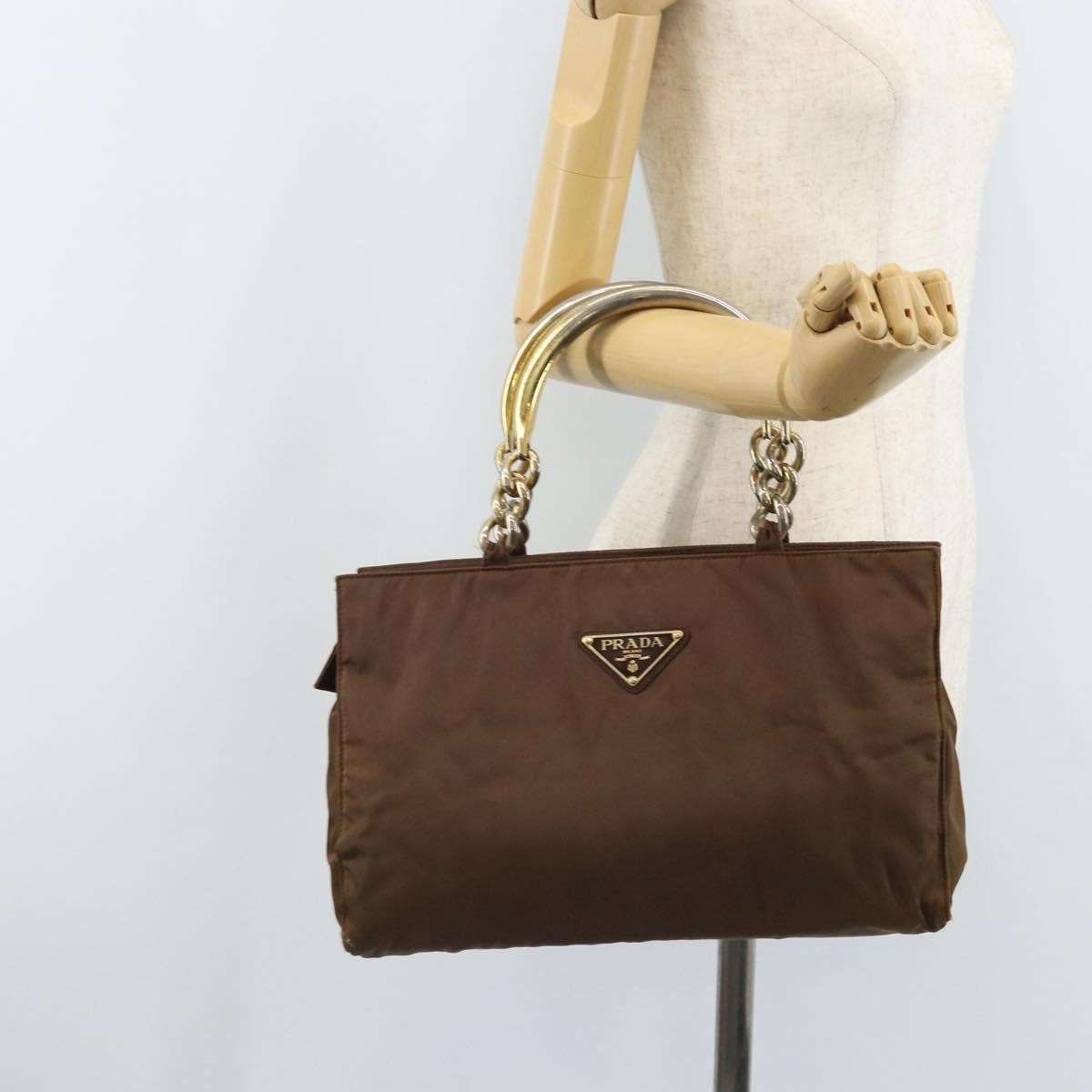 Prada PRADA Chain Hand Bag Nylon Brown Gold Authentic YKZ136
