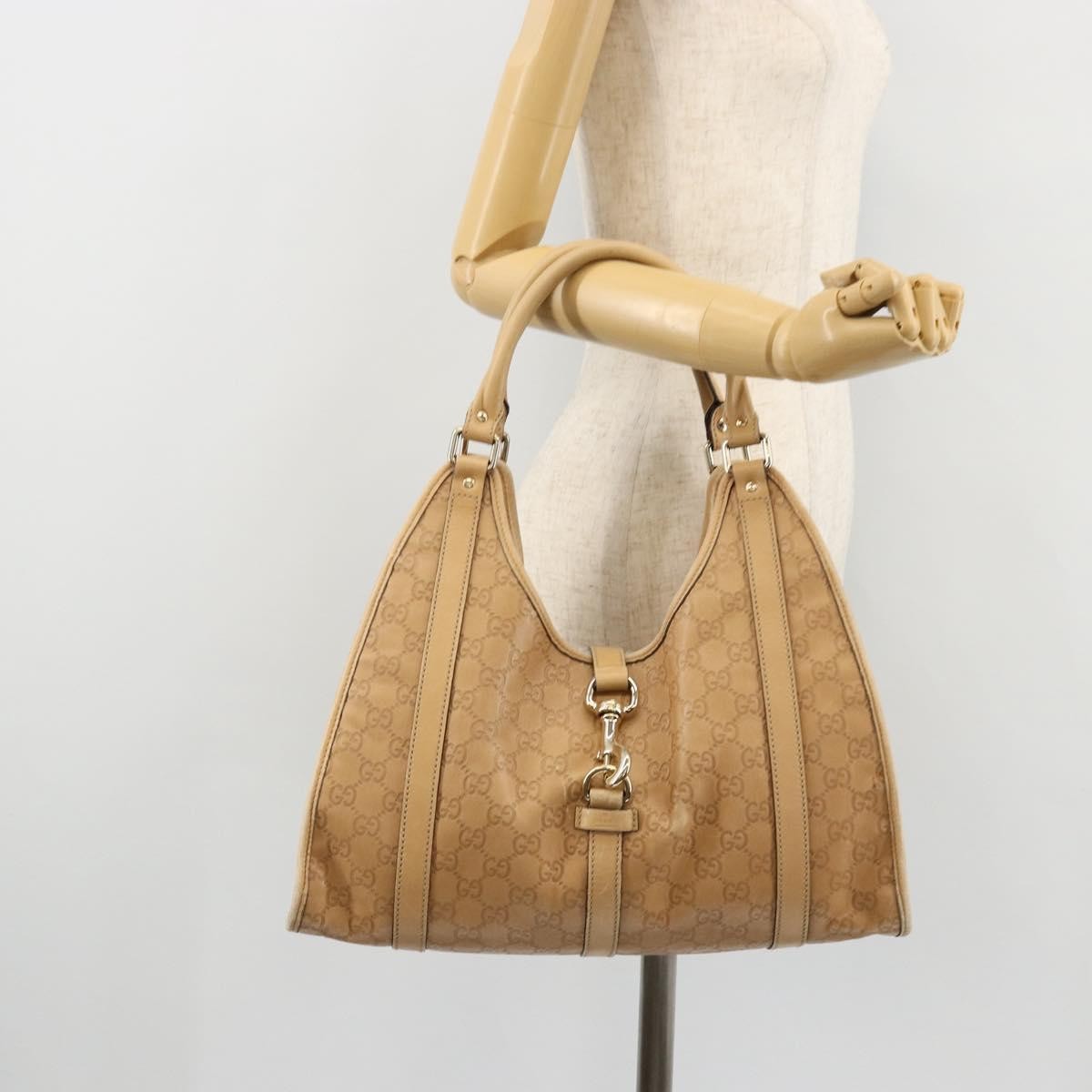 Gucci GUCCI GG Canvas Guccissima Jackie Bag Leather Gold Beige 203494 Authentic ep14099