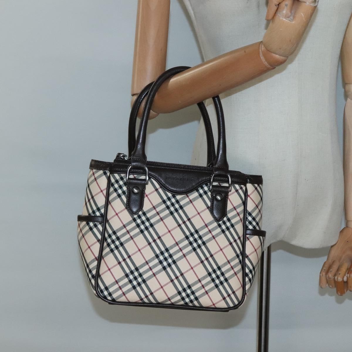 Burberry BURBERRY Nova Check Hand Bag Canvas Beige Silver Authentic ep9645