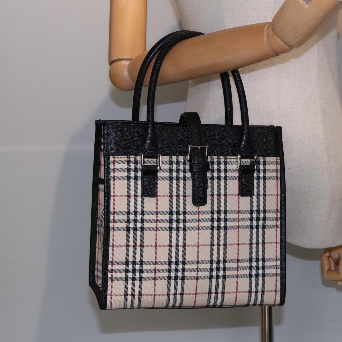 Burberry BURBERRY Nova Check Hand Bag Canvas Beige Black Authentic am6710