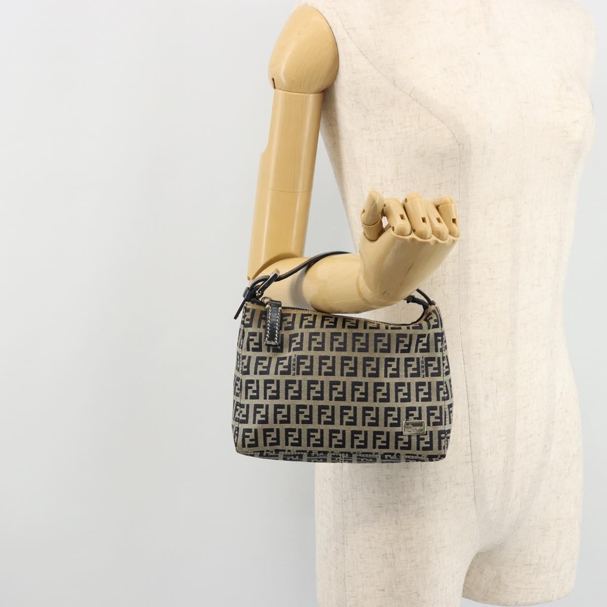 Fendi FENDI Zucchino Canvas Hand Pouch Bag Navy Silver Authentic 177481