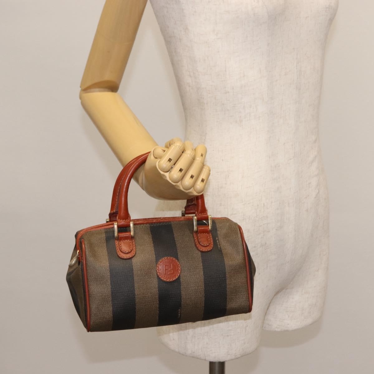 Fendi FENDI Pecan Canvas Hand Bag PVC Black Brown Authentic 146281