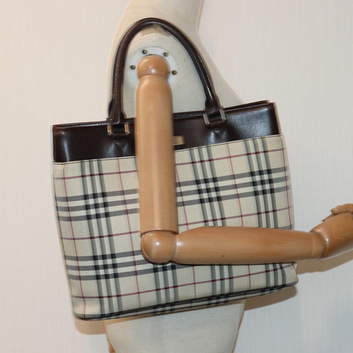 Burberry BURBERRY Nova Check Hand Bag Nylon Beige Silver Authentic 85862