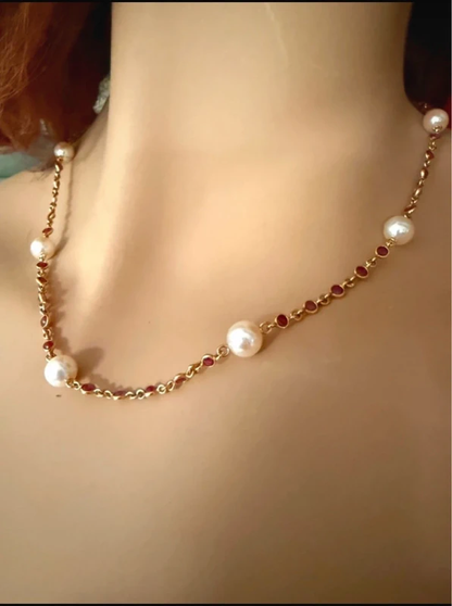 18K Goldkette Vintage 48 cm – Rubine & Zuchtperlen, 15,3 g, Gelbgold