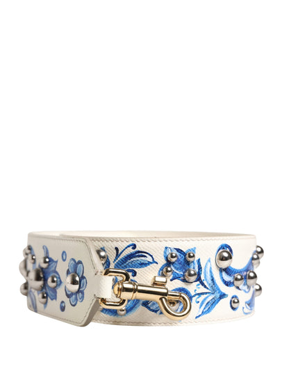 Dolce & Gabbana Schulterriemen aus weißem Leder mit blauem Blumenmuster und Nieten