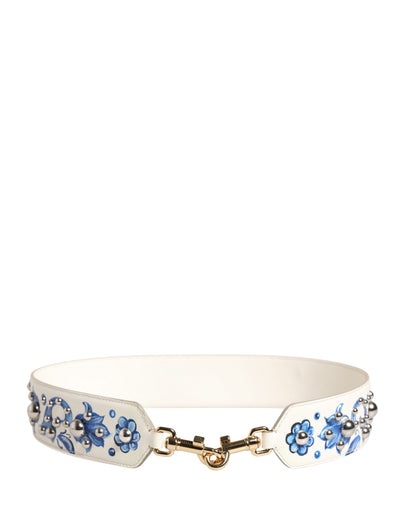 Dolce & Gabbana Schulterriemen aus weißem Leder mit blauem Blumenmuster und Nieten