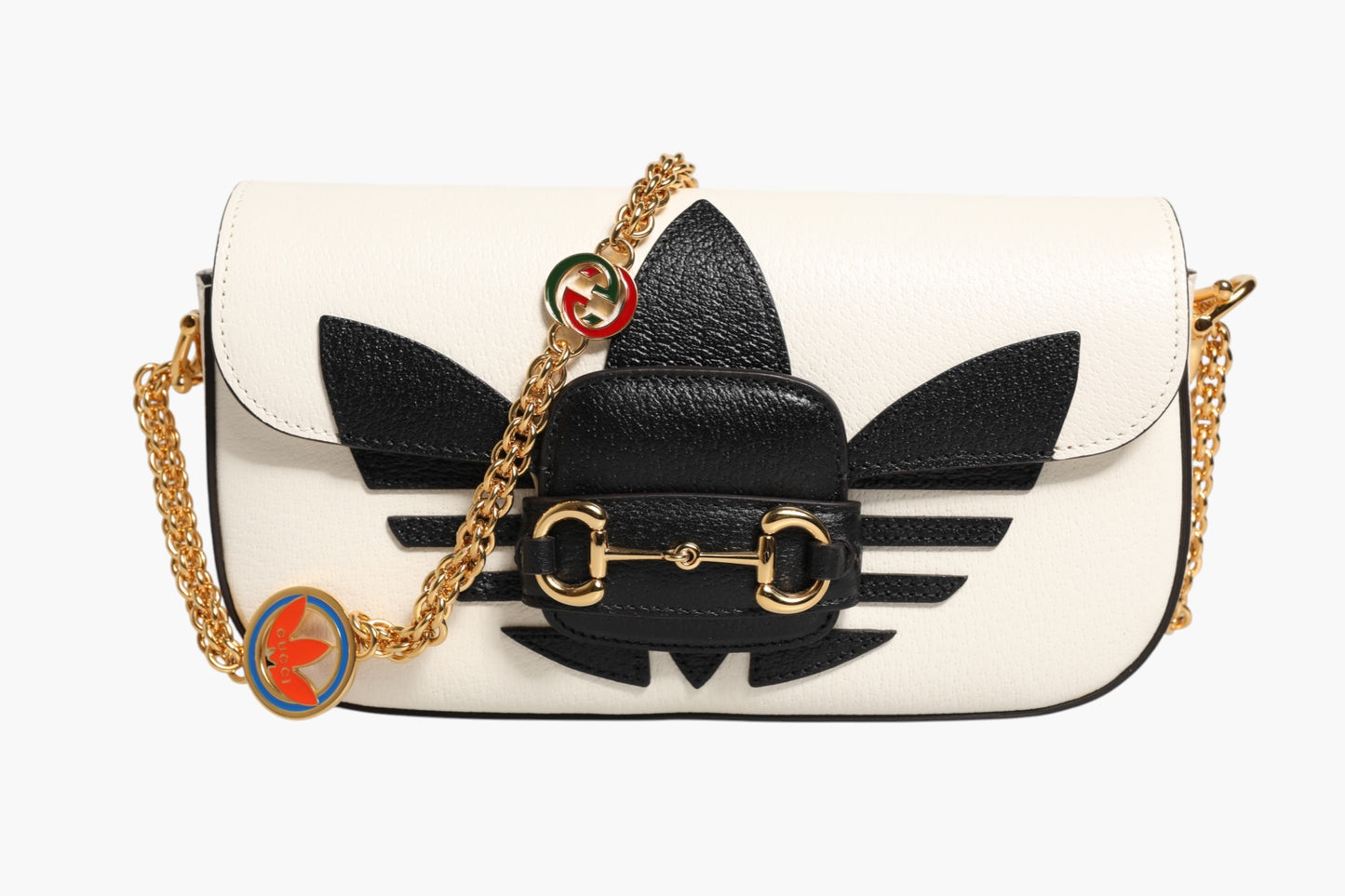 Gucci x Adidas Horsebit 1955 Schultertasche aus weißem und schwarzem Kalbsleder