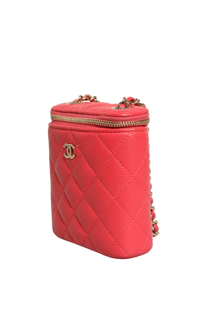Kleine vertikale Coco Beauty Vanity Case mit Kette aus rotem Kaviar-Steppleder