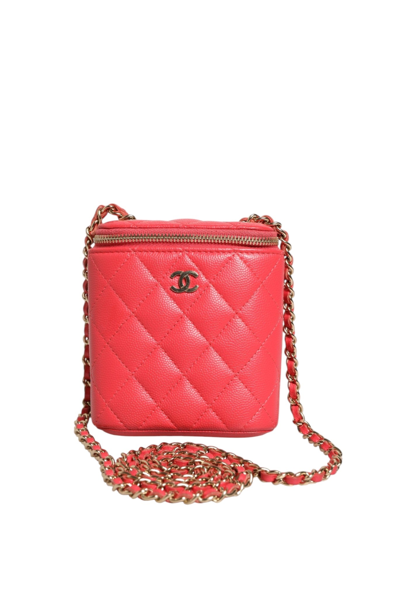 Kleine vertikale Coco Beauty Vanity Case mit Kette aus rotem Kaviar-Steppleder