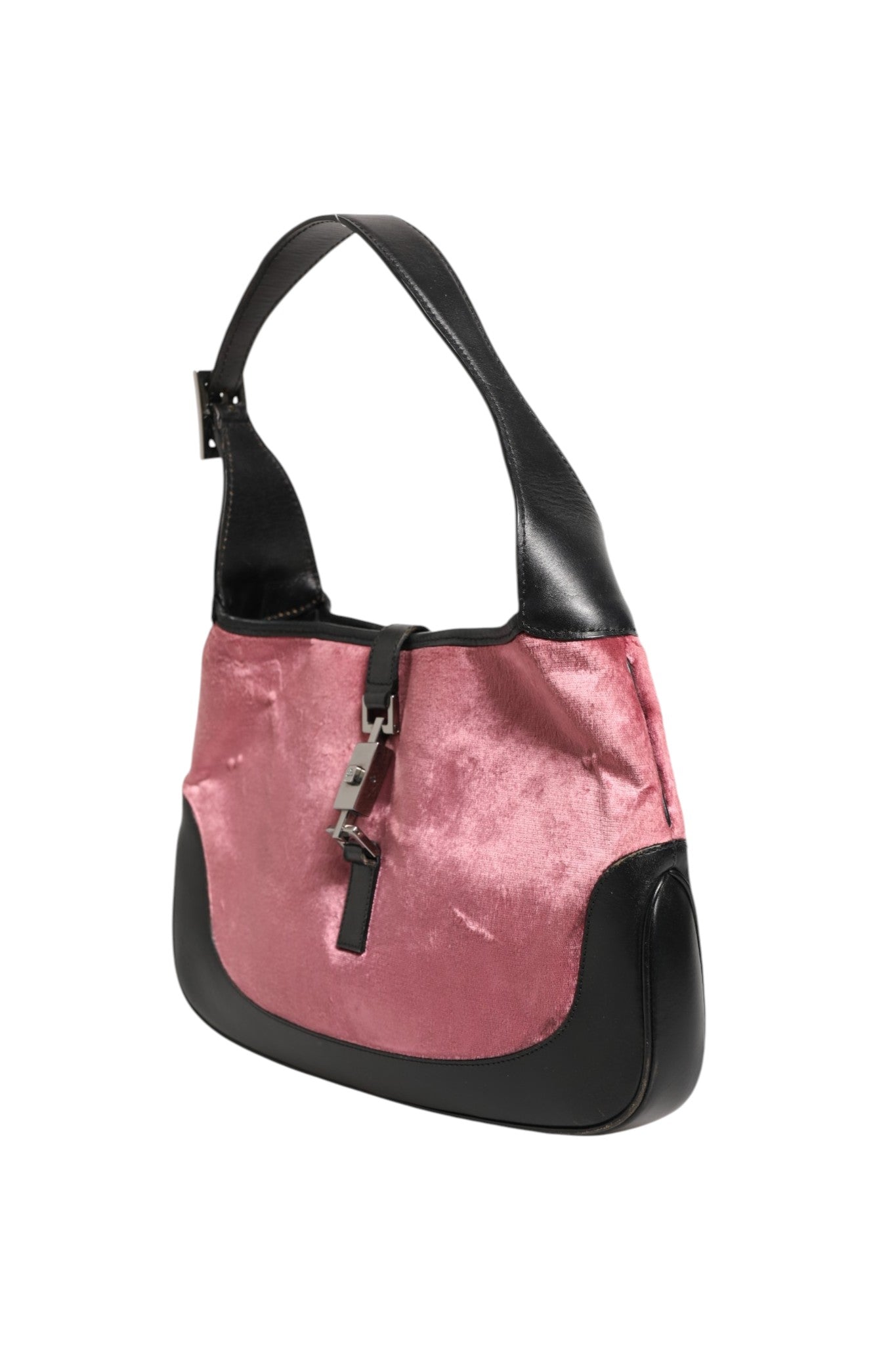 Jackie Schultertasche aus pinkem Samt und schwarzem Leder