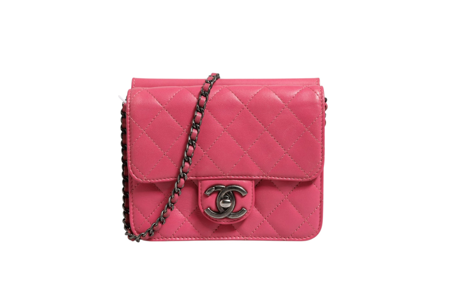 Klassische Mini-Flap-Tasche aus gestepptem Lammleder in Pink, quadratisch