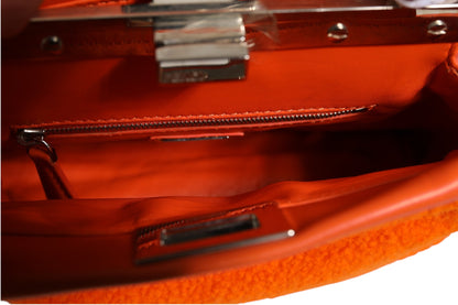 Orange Leder- und Shearling-Mini Peekaboo Henkeltasche