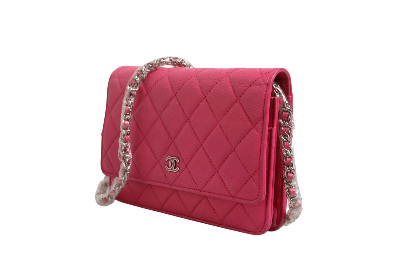 Pink gesteppte Lammleder-Kette Geldbörse WOC Silber