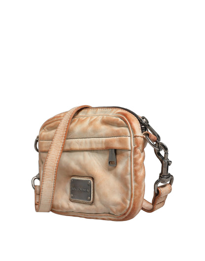 Beige Vintage Leder Umhängetasche mit Logo-Plakette für Herren