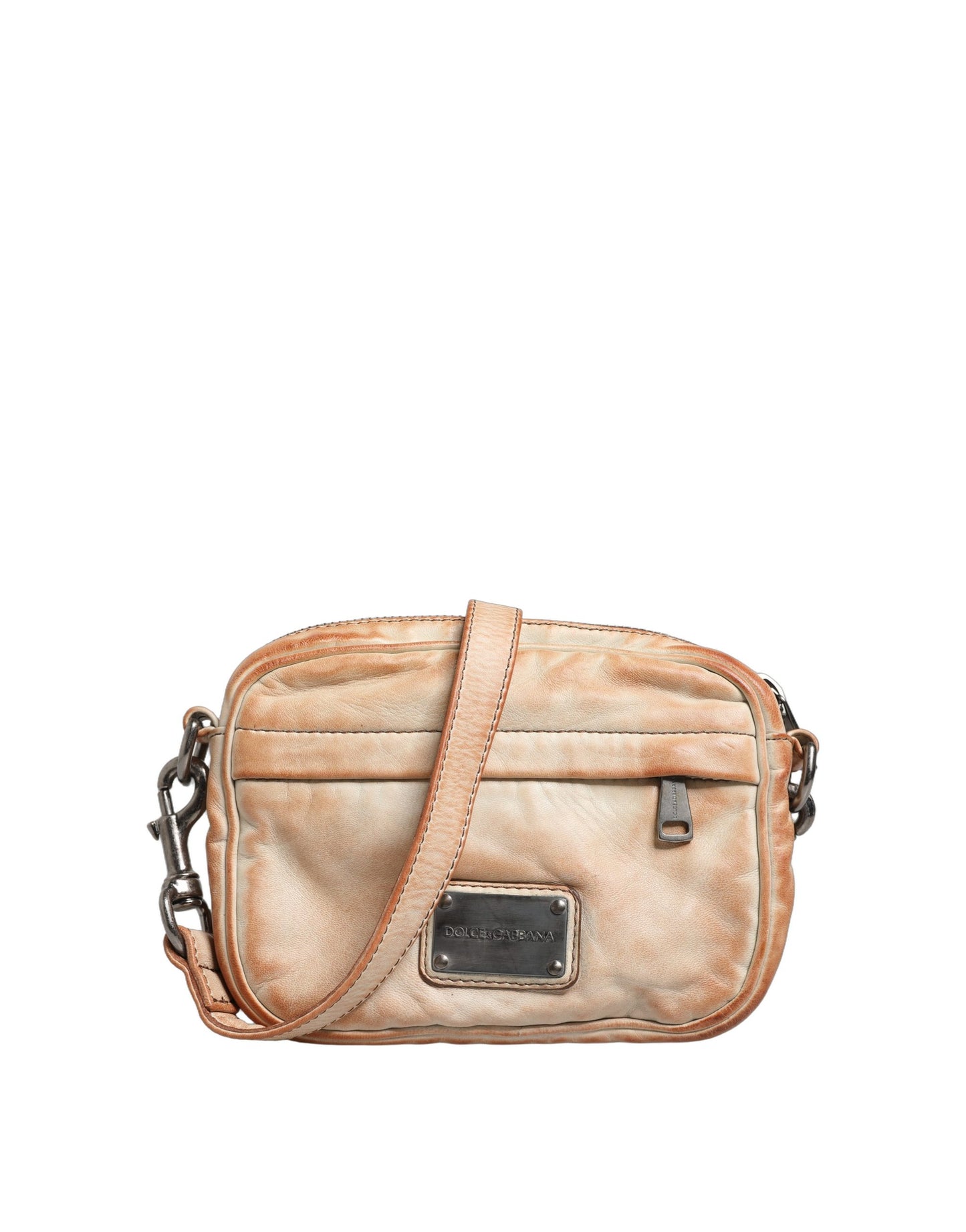 Beige Vintage Leder Umhängetasche mit Logo-Plakette für Herren