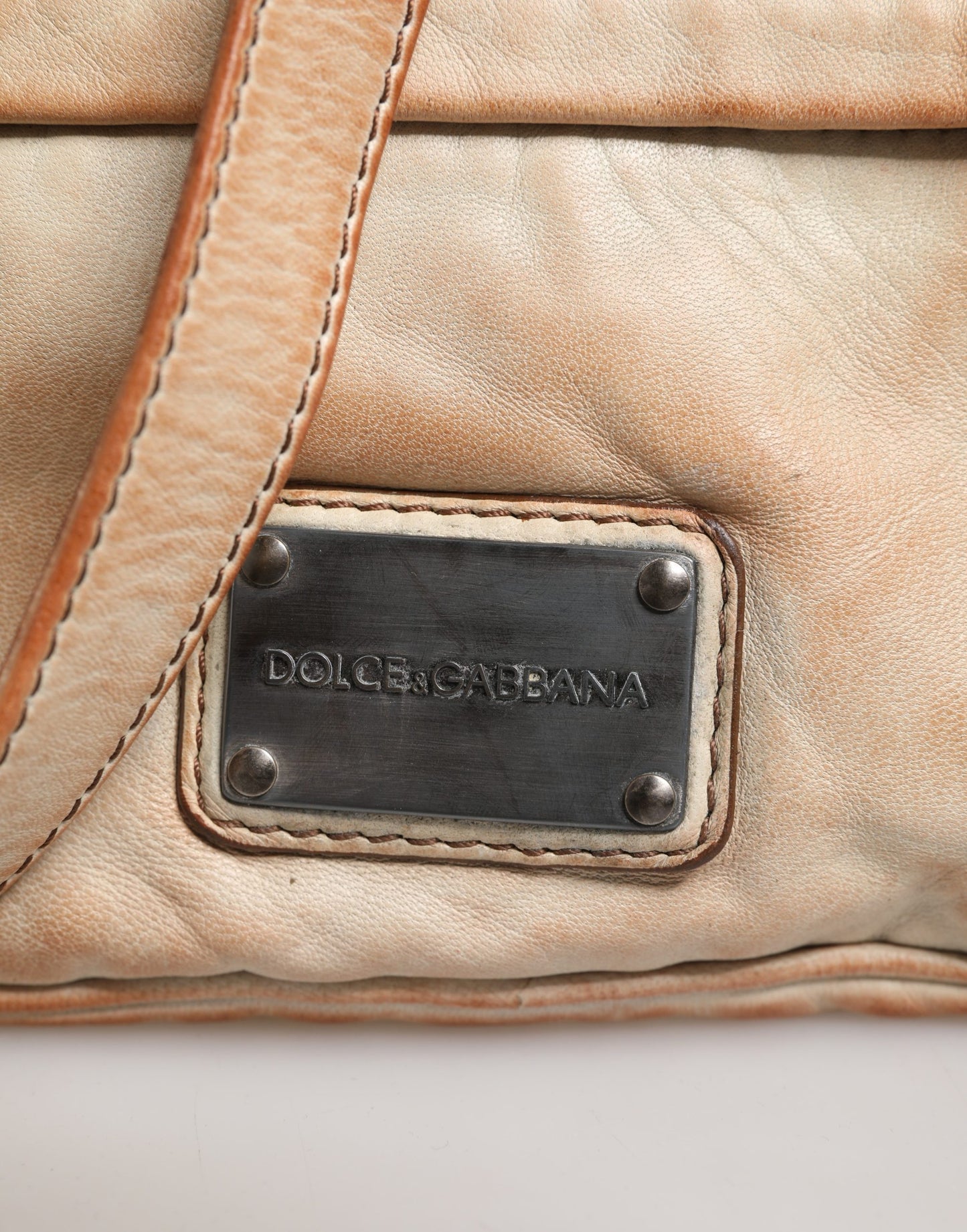 Beige Vintage Leder Umhängetasche mit Logo-Plakette für Herren