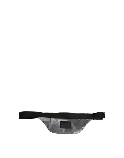 Schwarze Nylon Bauchtasche mit Messingplakette und Camouflage-Muster