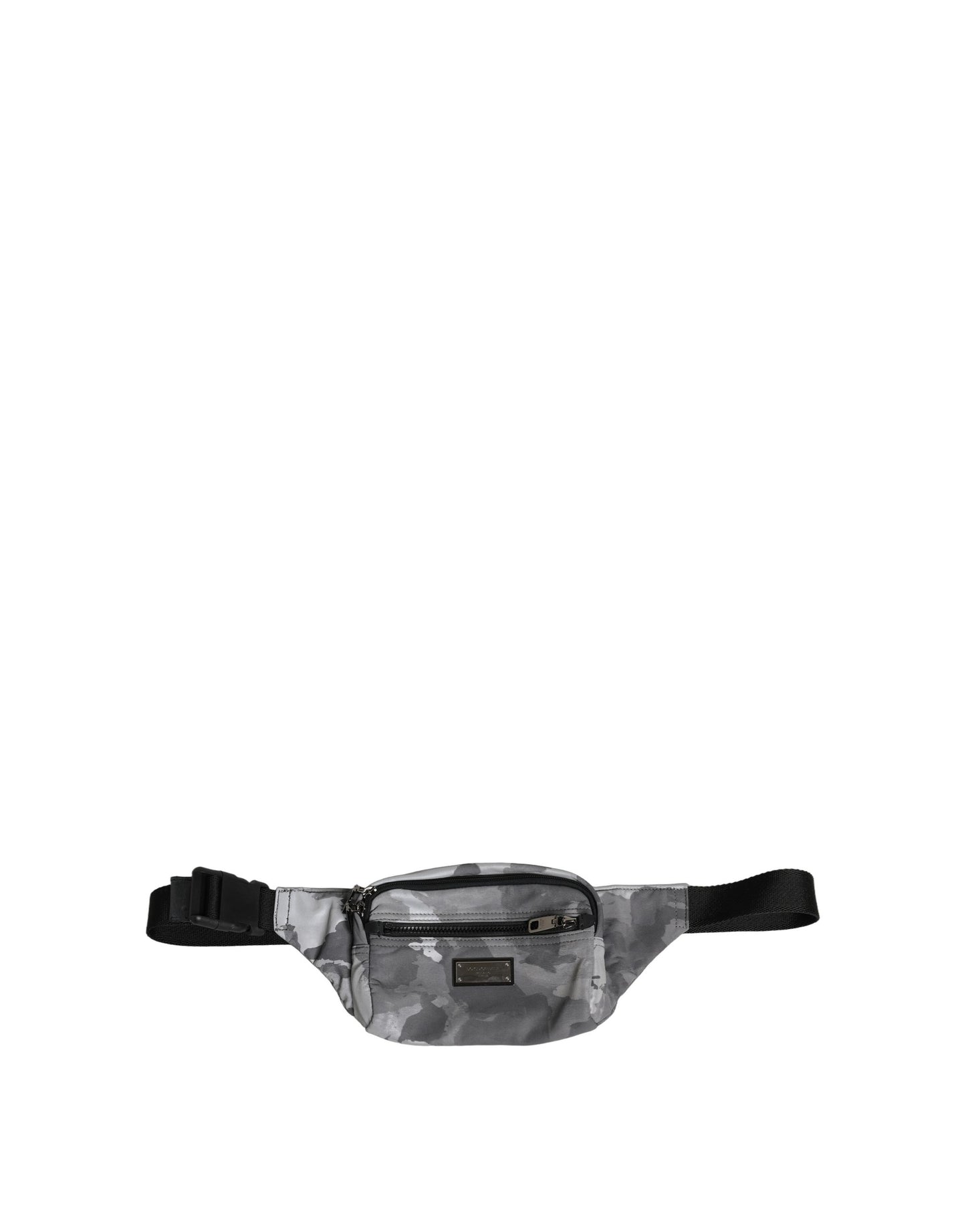 Schwarze Nylon Bauchtasche mit Messingplakette und Camouflage-Muster