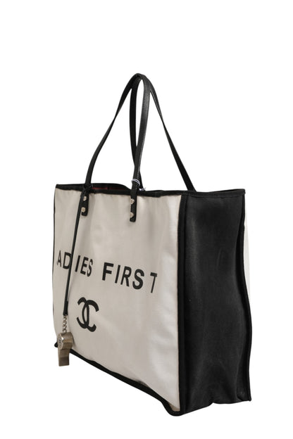 Damen Shopper Tote Bag aus weißem und schwarzem Canvas
