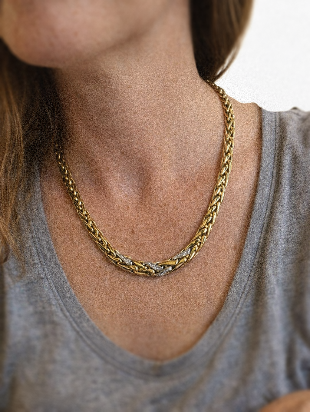 Massives 585 Gold Flechtcollier mit Diamanten 0.25 ct | 14k Vintage Halskette | 39,7g Echtgold