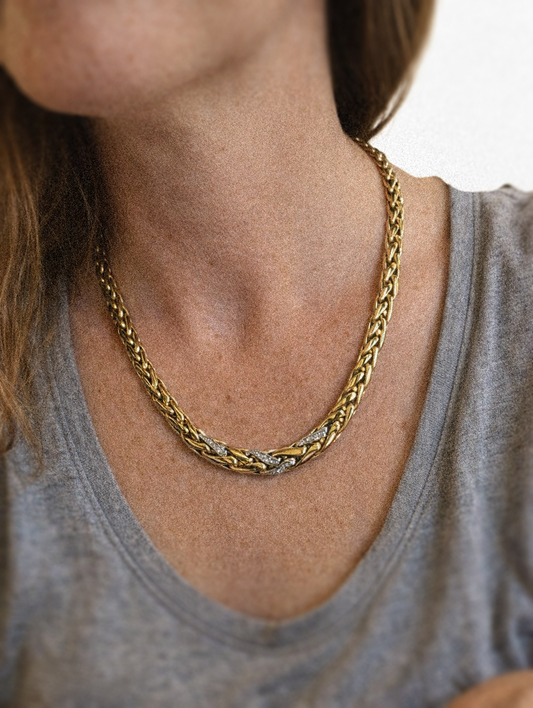 Massives 585 Gold Flechtcollier mit Diamanten 0.25 ct | 14k Vintage Halskette | 39,7g Echtgold