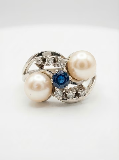 Elegant vintage ring in 14k gold with sapphire and pearls – size 54