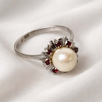 Vintage Weißgold Perlenring mit Rubinen 333 Gold (8K) Gr. 56