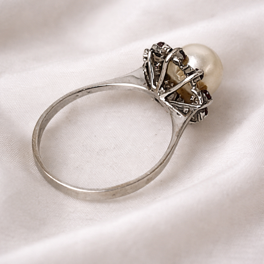 Vintage Weißgold Perlenring mit Rubinen 333 Gold (8K) Gr. 56