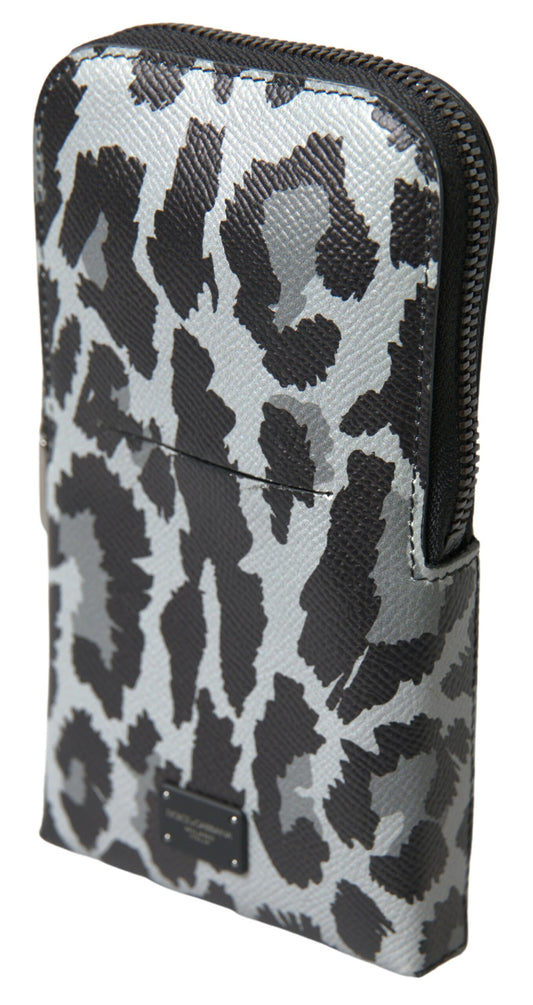 Dolce & Gabbana Grauer Leopard Leder Männer Geldbörse Crossbody Sling Telefon Tasche