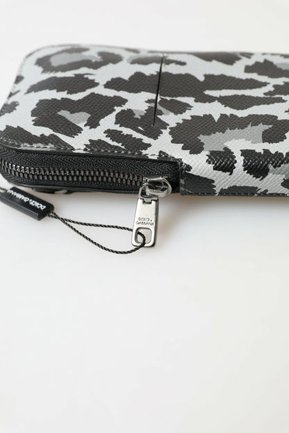 Dolce & Gabbana Grauer Leopard Leder Männer Geldbörse Crossbody Sling Telefon Tasche