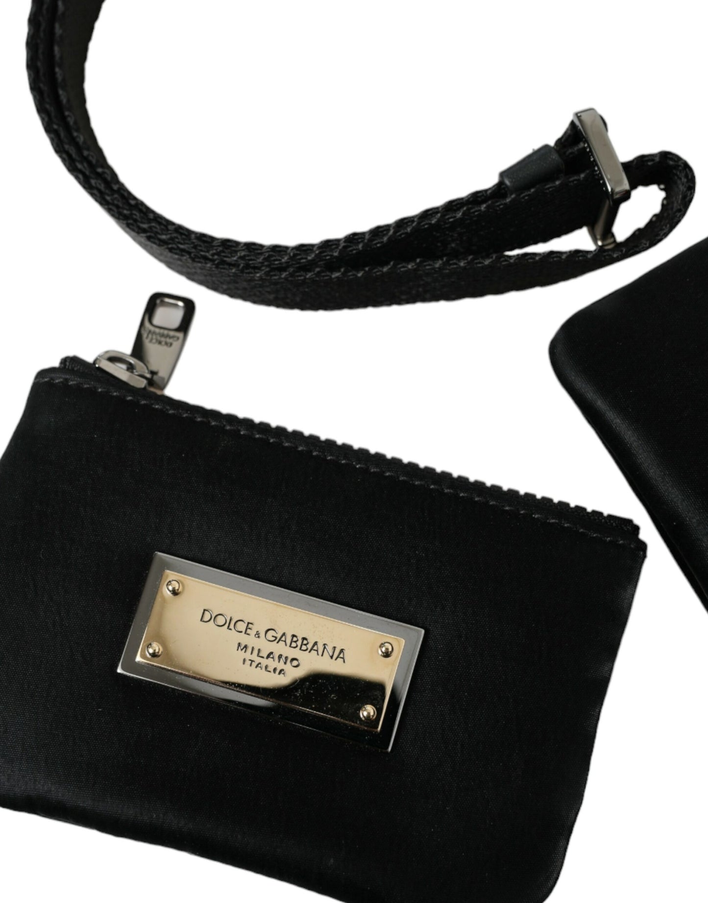 Dolce & Gabbana Schwarzes Nylon Logo Plaque Schlüsselanhänger Tasche Clutch – Luxuriöse Eleganz