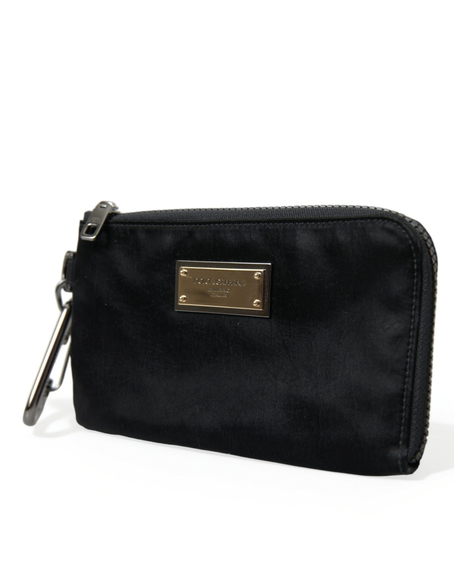 Dolce & Gabbana Schwarzes Nylon Logo Plaque Schlüsselanhänger Beutel Clutch