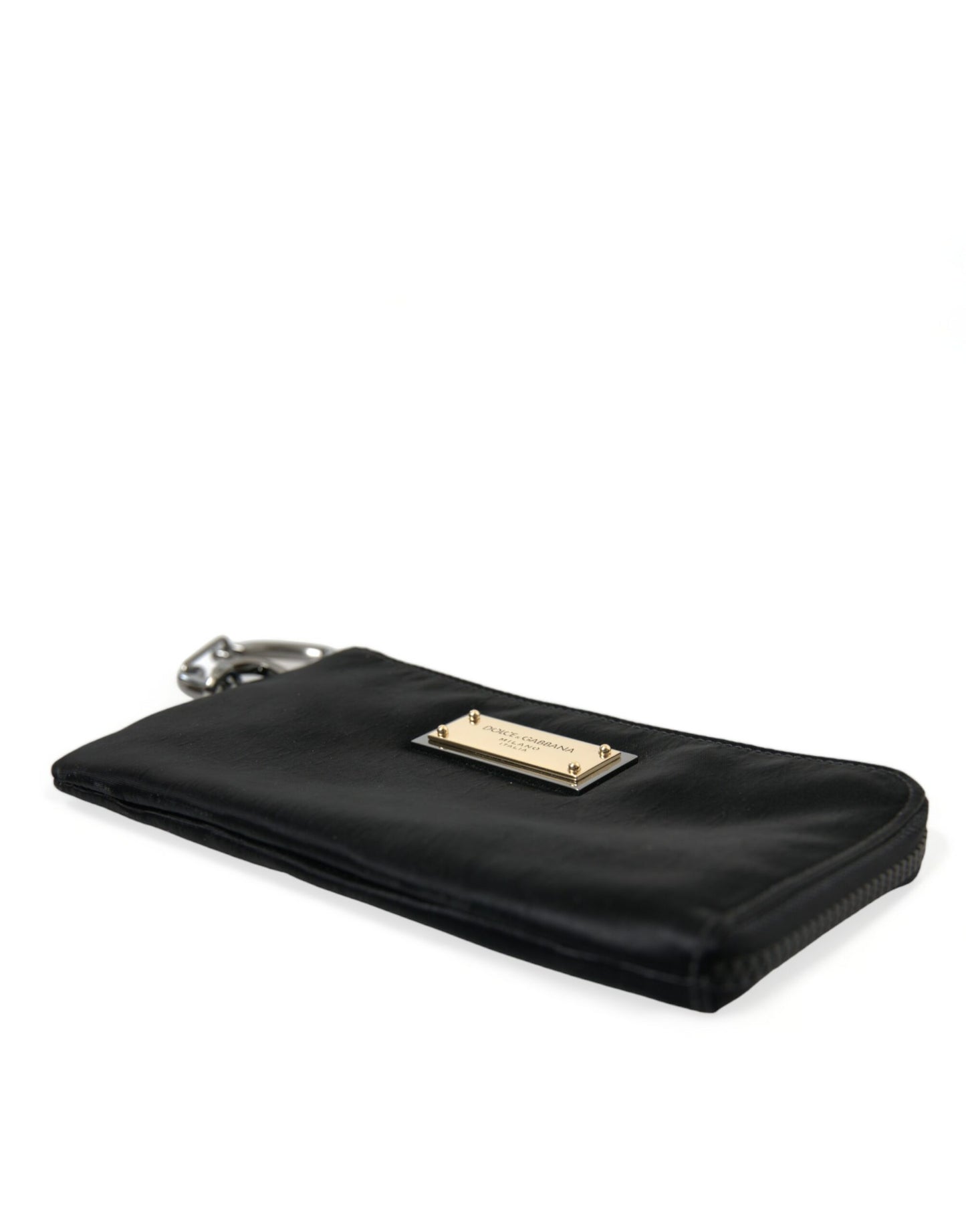 Dolce & Gabbana Schwarzes Nylon Logo Plaque Schlüsselanhänger Beutel Clutch