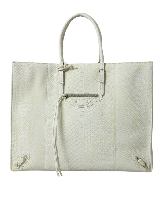 Balenciaga Papier Tote Einkaufstasche aus echtem Pythonleder in Weiß und Zitronengelb
