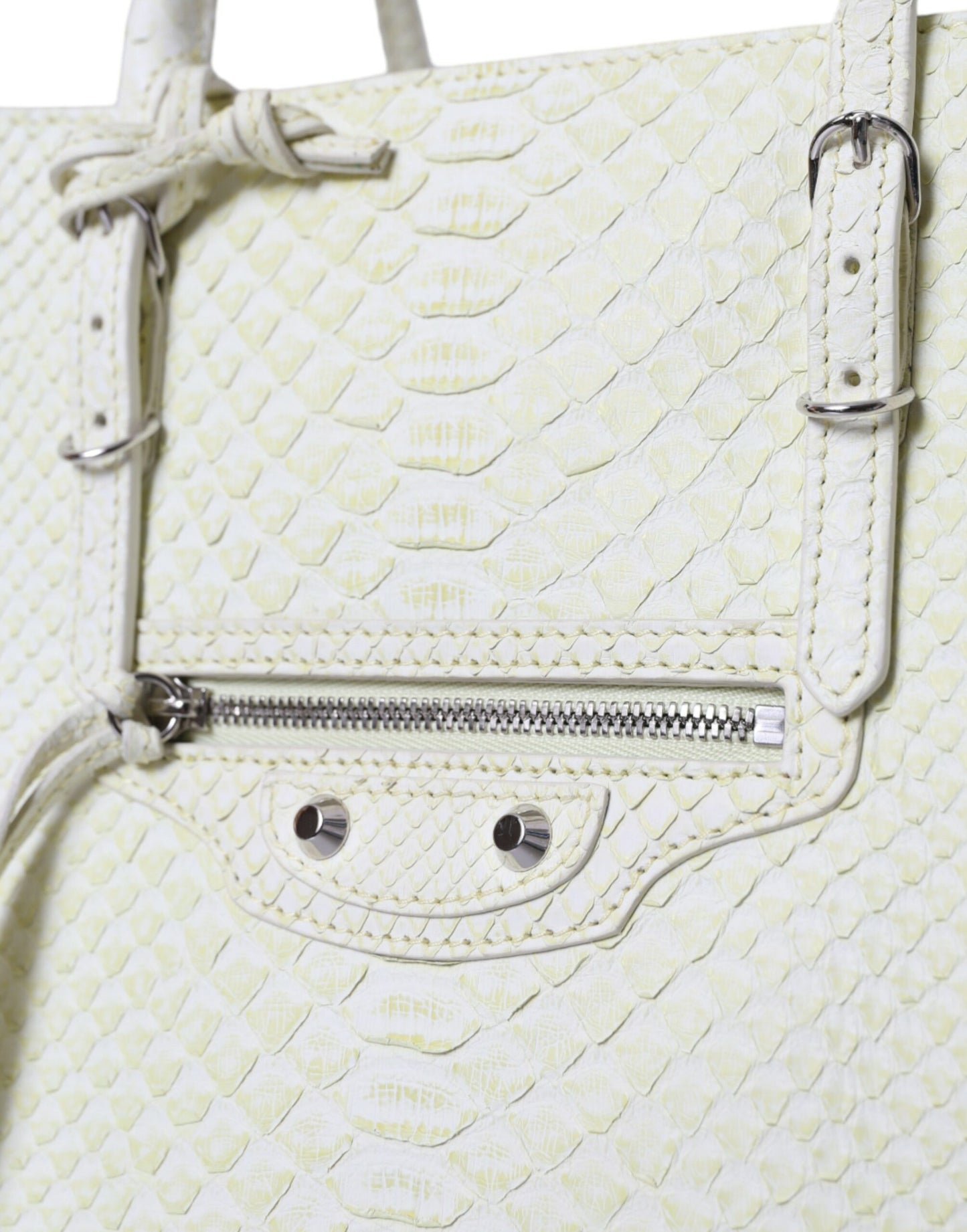 Balenciaga Papier Tote Einkaufstasche aus echtem Pythonleder in Weiß und Zitronengelb