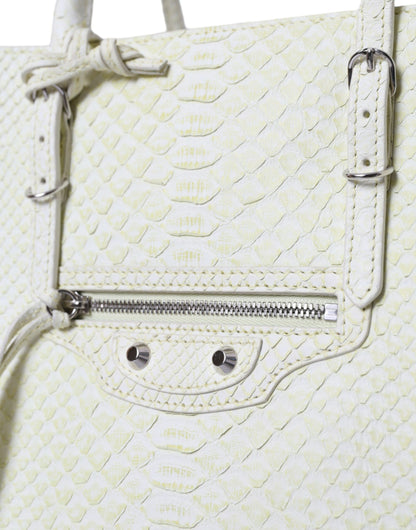Balenciaga Papier Tote Einkaufstasche aus echtem Pythonleder in Weiß und Zitronengelb