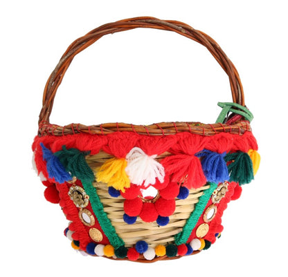 Dolce & Gabbana AGNESE Stroh Kristall Pom Pom Tasche in Beige